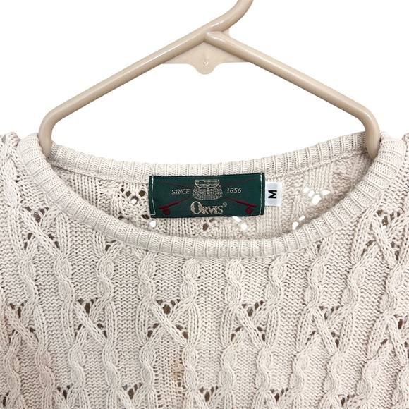 Vtg 90s Orvis Womens M Fisherman Cable Knit Pullover Sweater 100% Cotton Cream - Picture 2 of 7